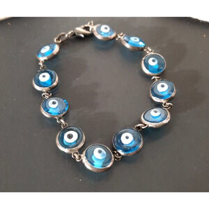 Bracelet Blue Evil Eye 7” VTG Sterling Silver 925 Handmade w Details Protector